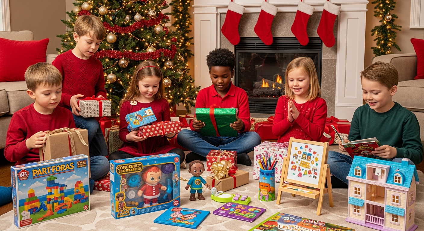 3세부터 10세까지 다양한 아이들이 크리스마스 선물을 기쁘게 여는 모습