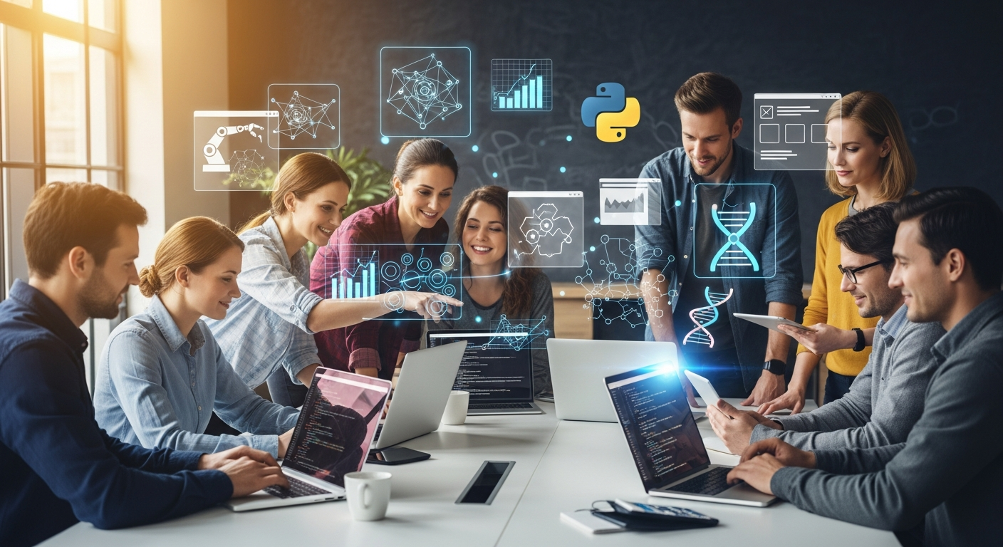 2025년 최신 파이썬 공부 방법을 상징하는 다양한 분야에서 파이썬을 공부하는 사람들 모습
