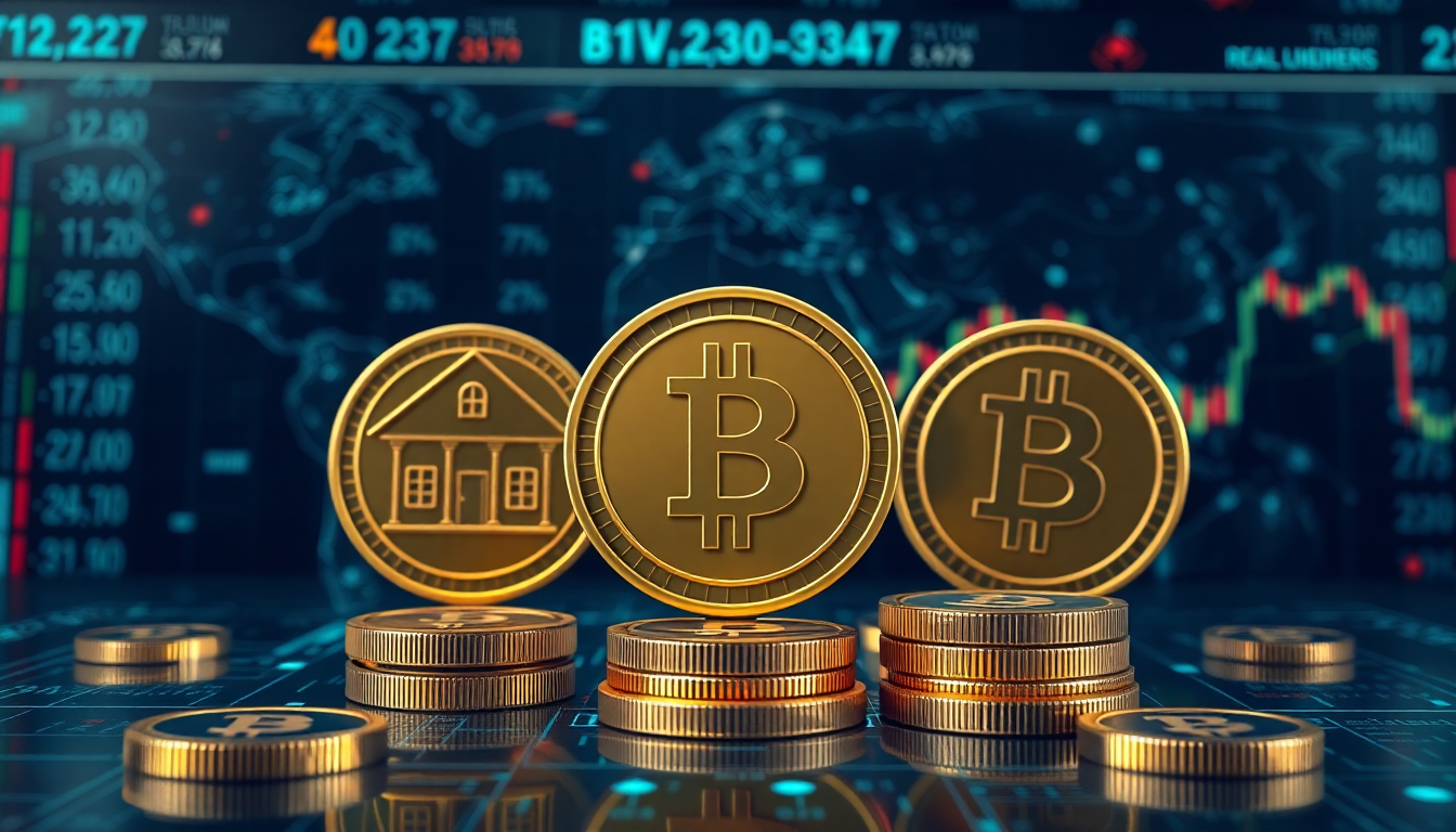 부동산, 미술품, 채권 등 현실 자산 토큰화를 상징하는 디지털 토큰 이미지