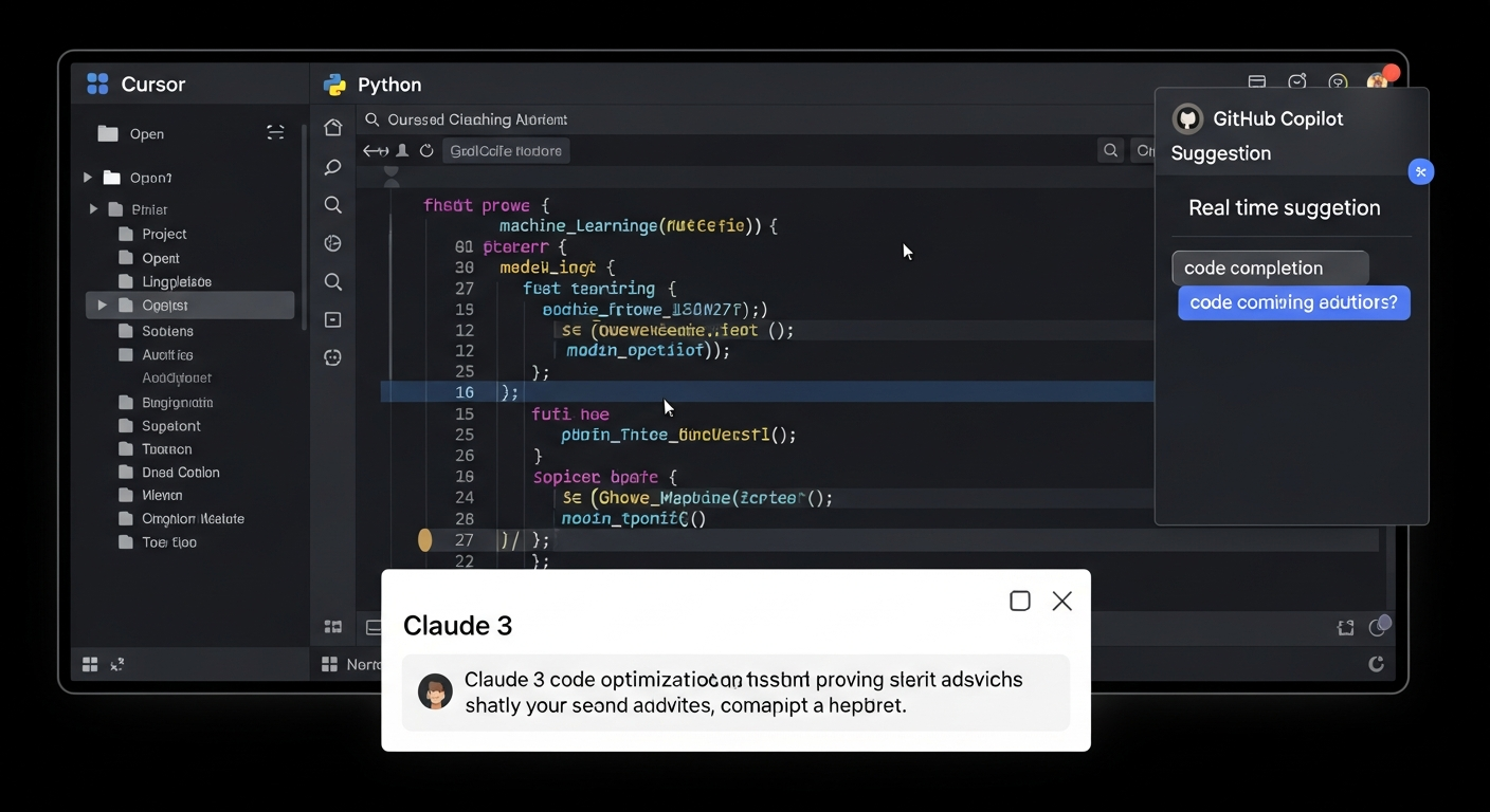 GitHub Copilot, Cursor, Claude 3 같은 AI 코딩 어시스턴트 도구 화면