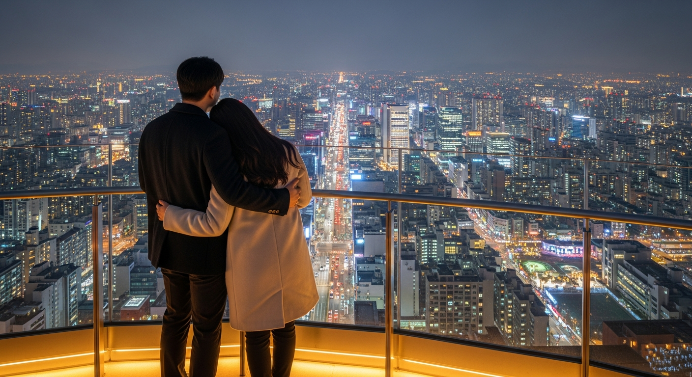 롯데월드타워에서 바라본 서울 크리스마스 이브의 로맨틱한 밤 풍경