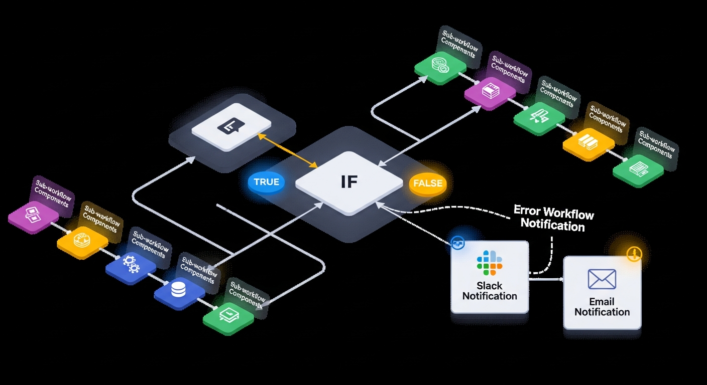 n8n 중급 기능인 IF 노드, 서브 워크플로우, 오류 워크플로우를 보여주는 자동화 설계 다이어그램