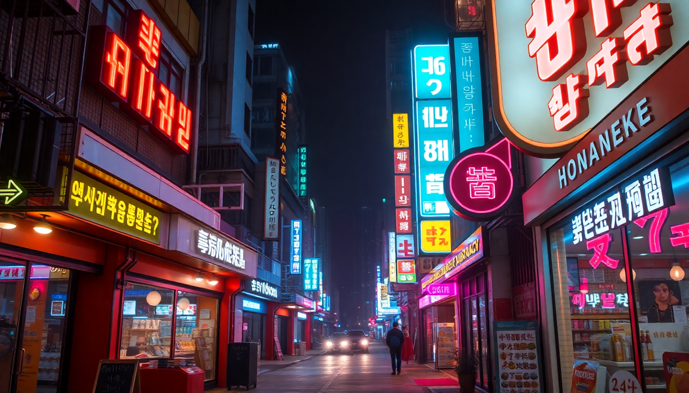 사이버펑크 서울 밤거리, 왜곡 없는 한글 네온사인 간판