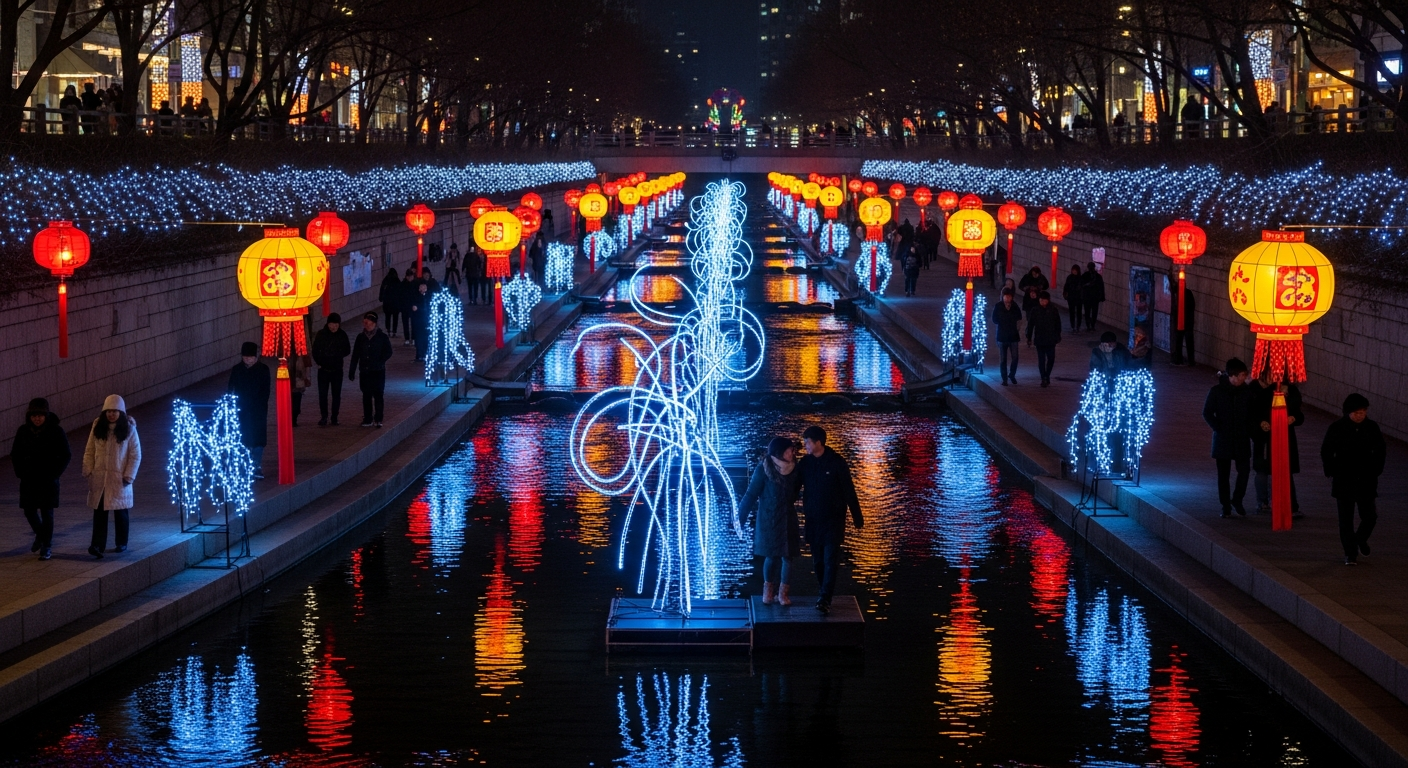 청계천에 설치된 전통 등불과 현대적 빛 조형물이 어우러진 겨울밤 풍경