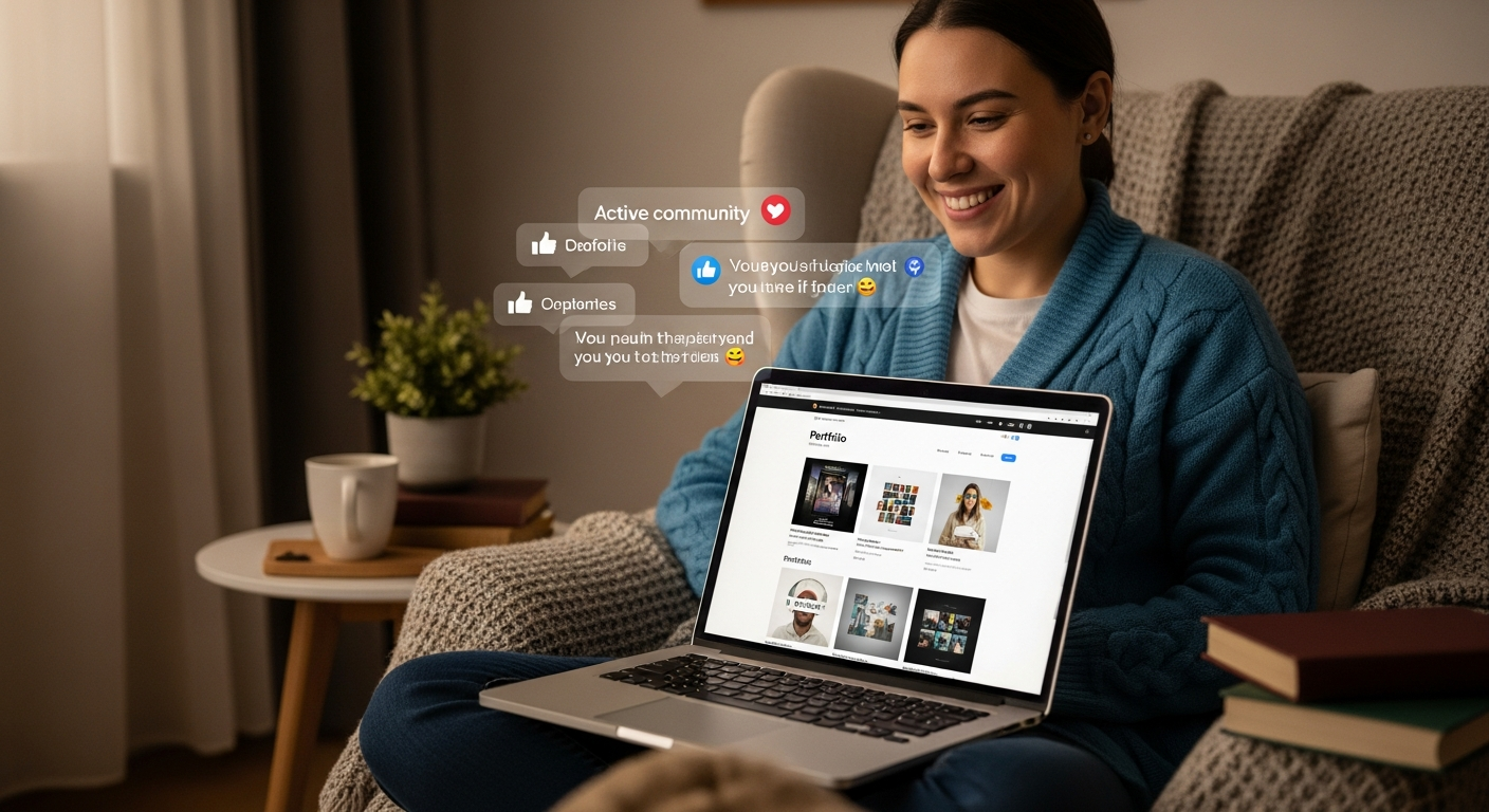 포트폴리오 웹사이트를 온라인 커뮤니티에 공유하고 피드백 받는 모습