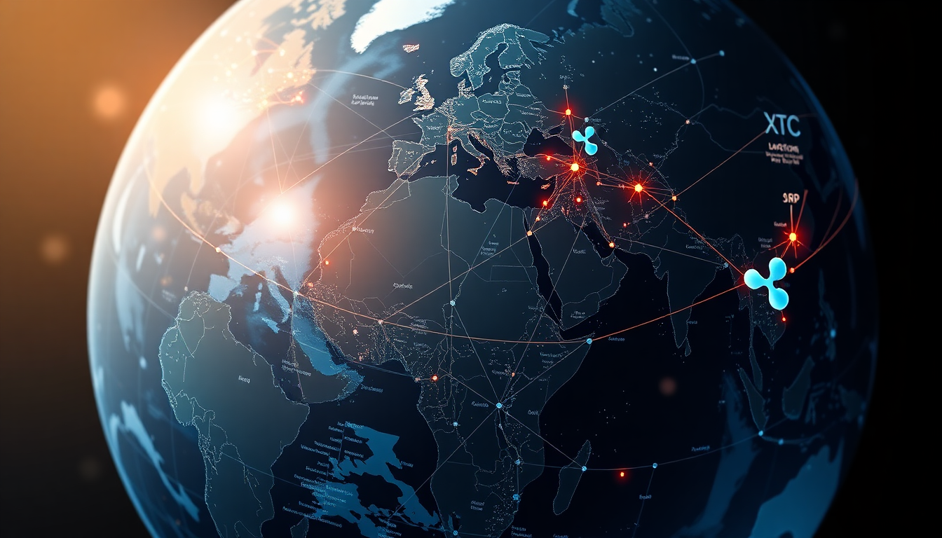 국제 송금 흐름과 리플 및 SWIFT 시스템의 비교를 표현한 지구본 이미지