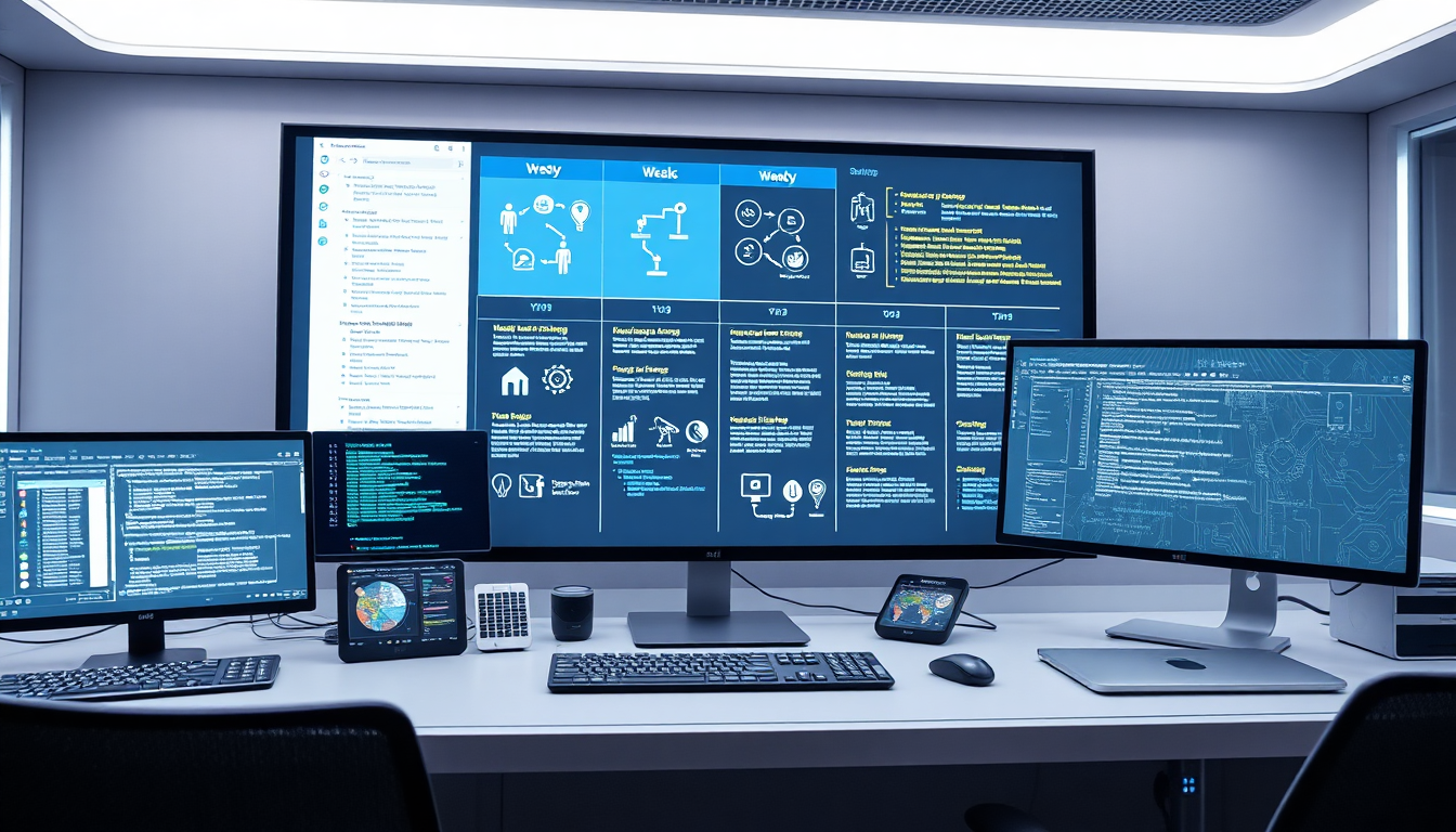 섹션 3 도구와 로드맵을 보여주는 다중 화면의 미래적 작업 공간과 아이콘 형태의 로드맵 시각화