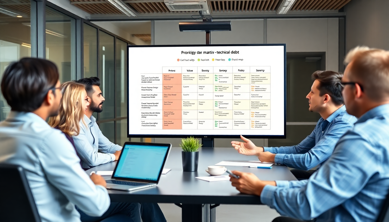 기술 부채 심각도 평가 및 우선순위 설정 과정을 나타내는 전략 회의 이미지