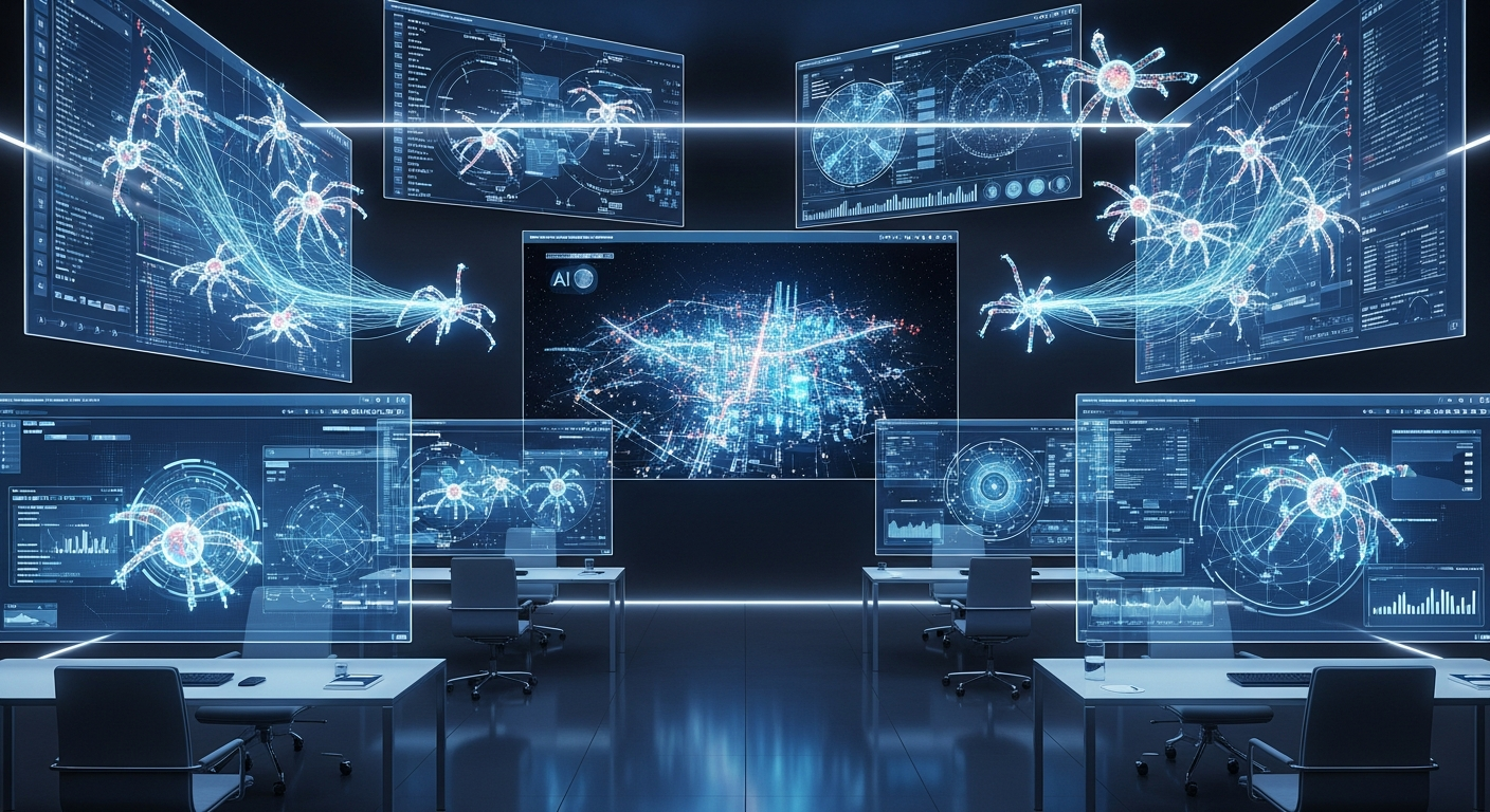 여러 AI 에이전트가 협력하여 복잡한 업무를 자동화하는 미래형 워크플로우 환경