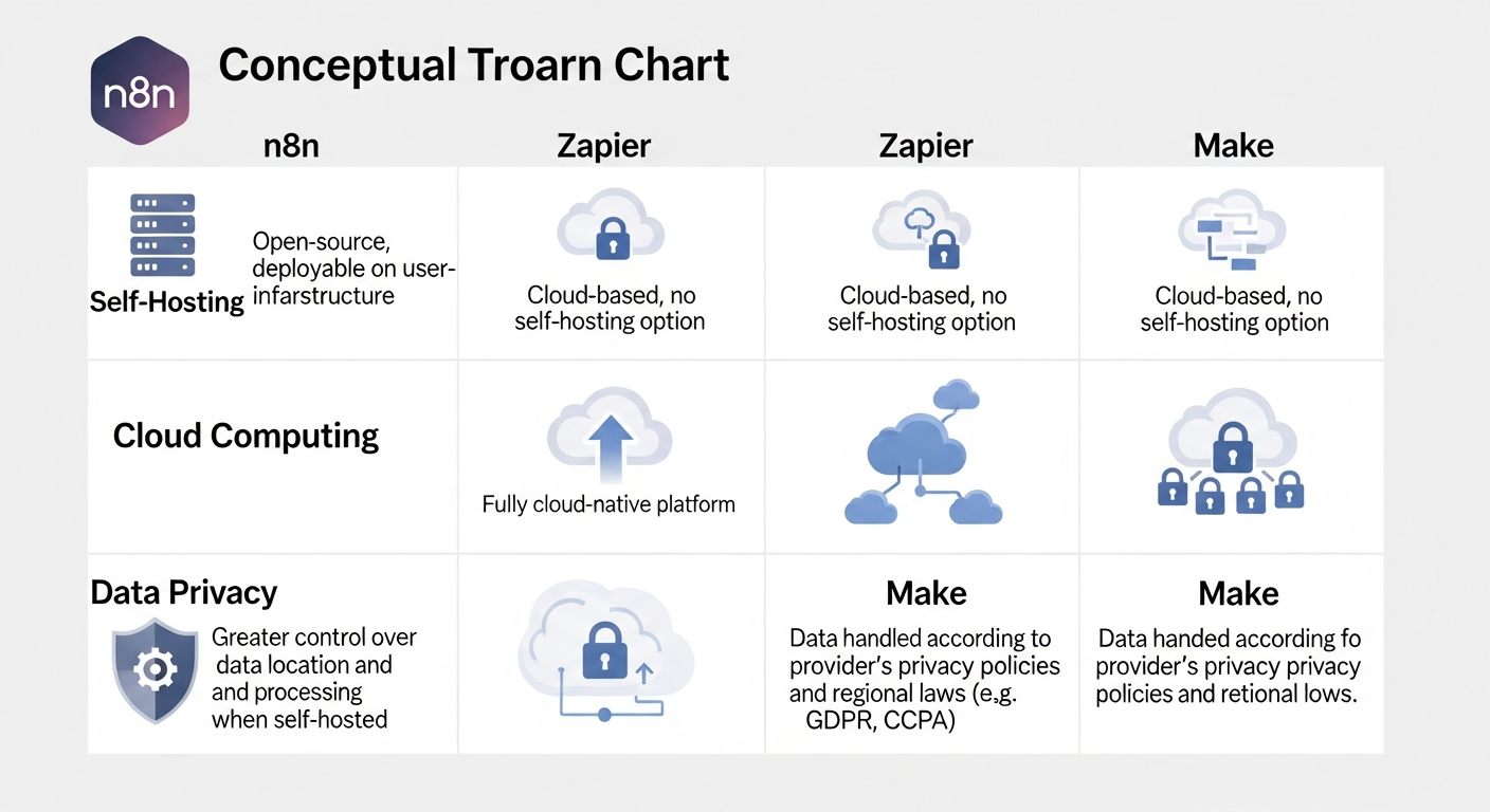 n8n, Zapier, Make 자동화 도구들의 차이점을 보여주는 인포그래픽 차트