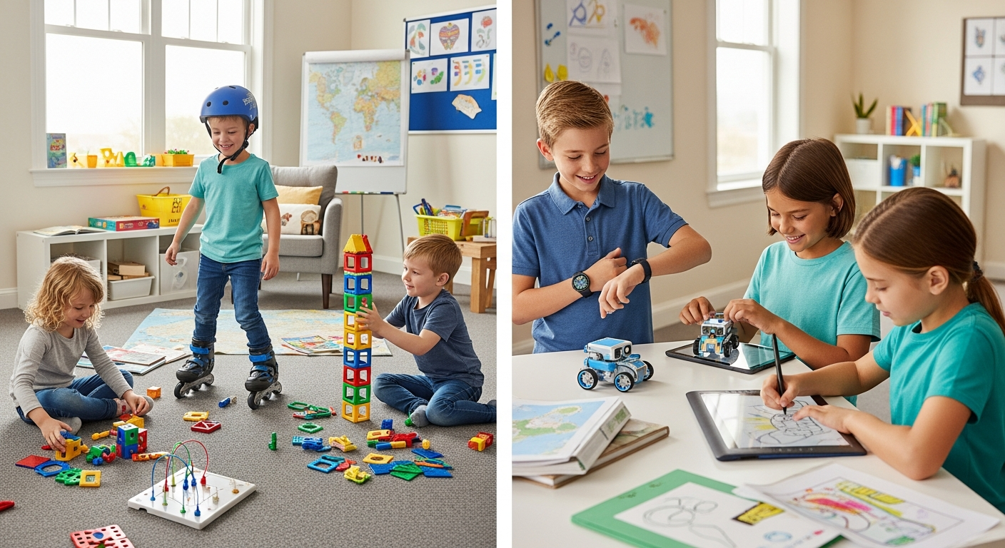 연령대별로 적합한 어린이 크리스마스 선물을 사용하는 저학년과 고학년 아이들 모습