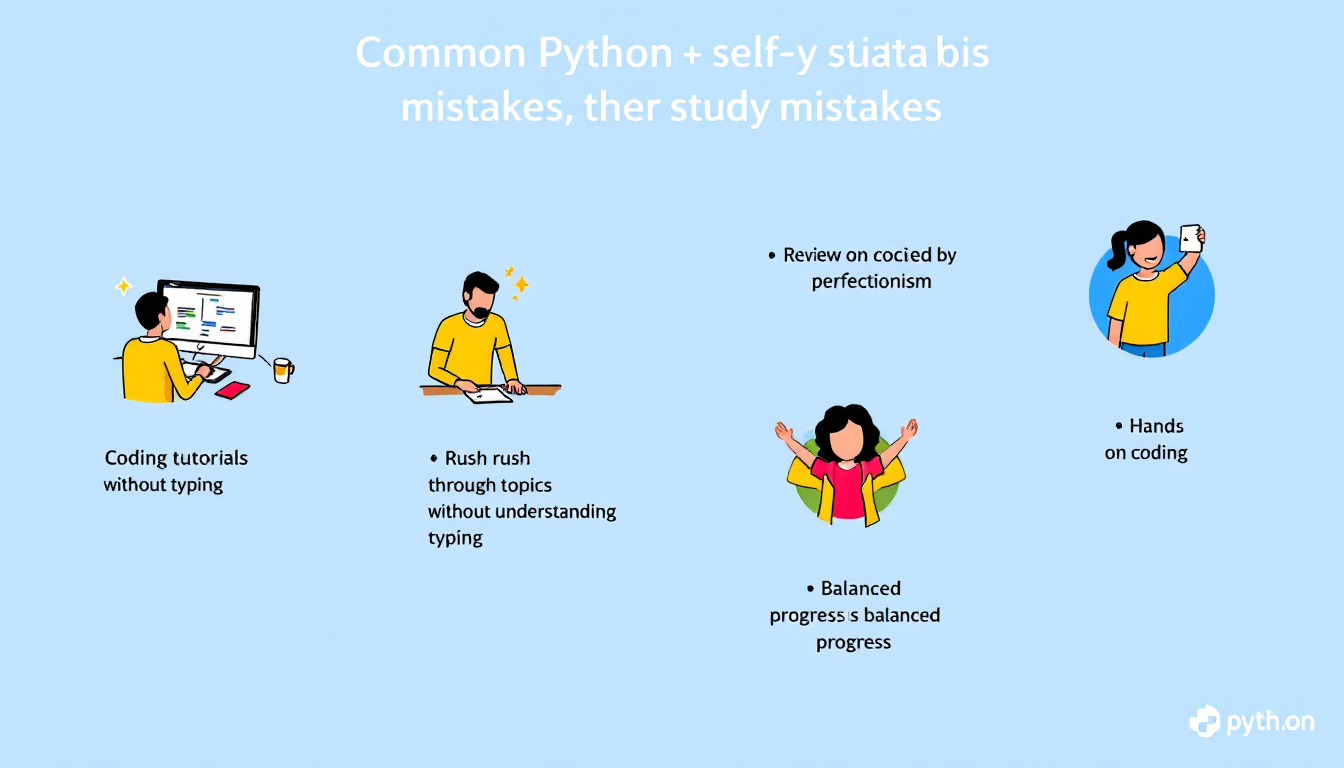 코딩 강의만 보고 눈으로만 학습하는 모습, 진도에만 집착하는 모습, 완벽주의로 지친 모습 등 독학 실수와 해결책을 대조적으로 표현한 이미지