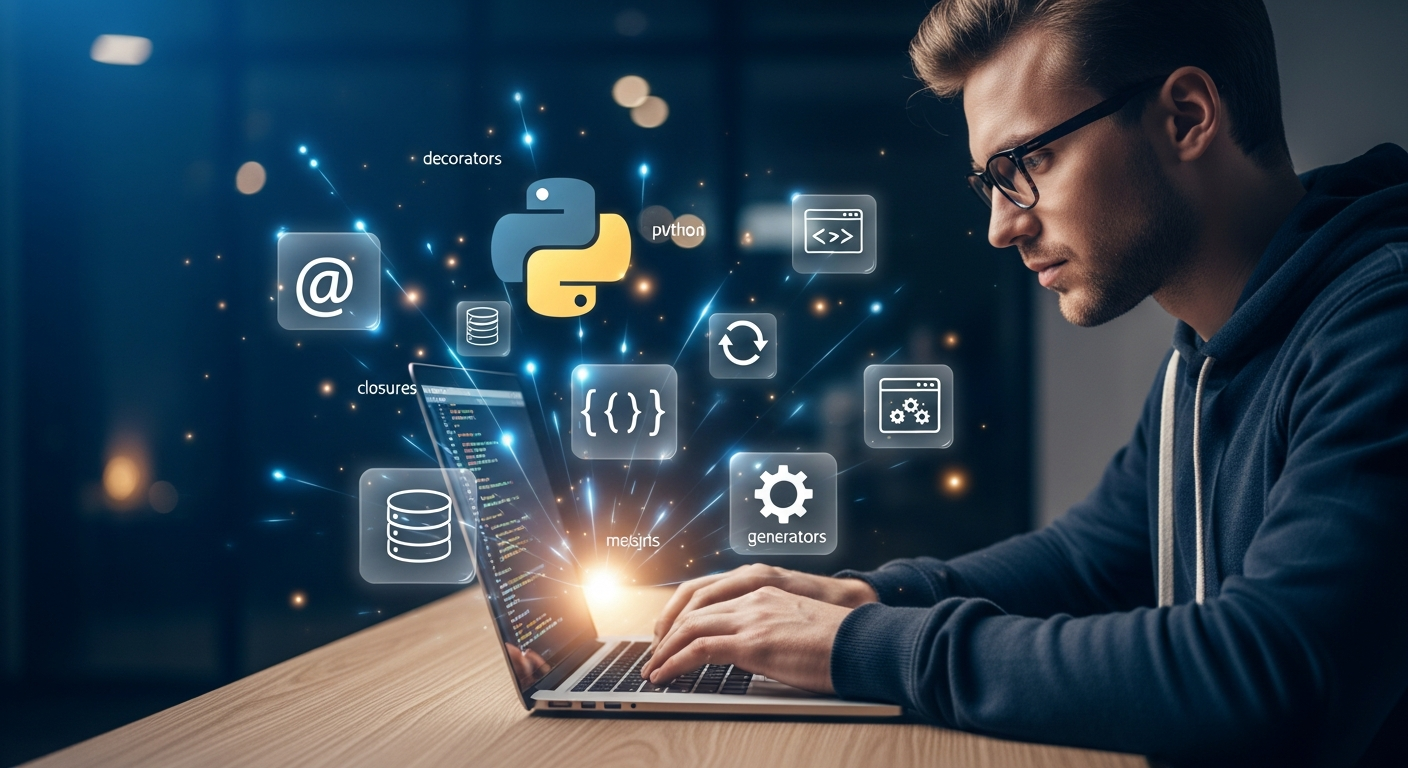 중급 파이썬 함수와 실생활 코딩 프로젝트를 상징하는 소프트웨어 개발자 이미지