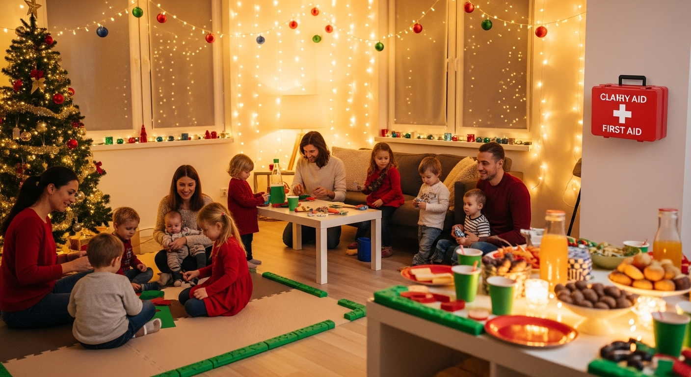 안전장치가 갖춰진 어린이 크리스마스 행사 현장과 아이들이 즐겁게 있는 모습