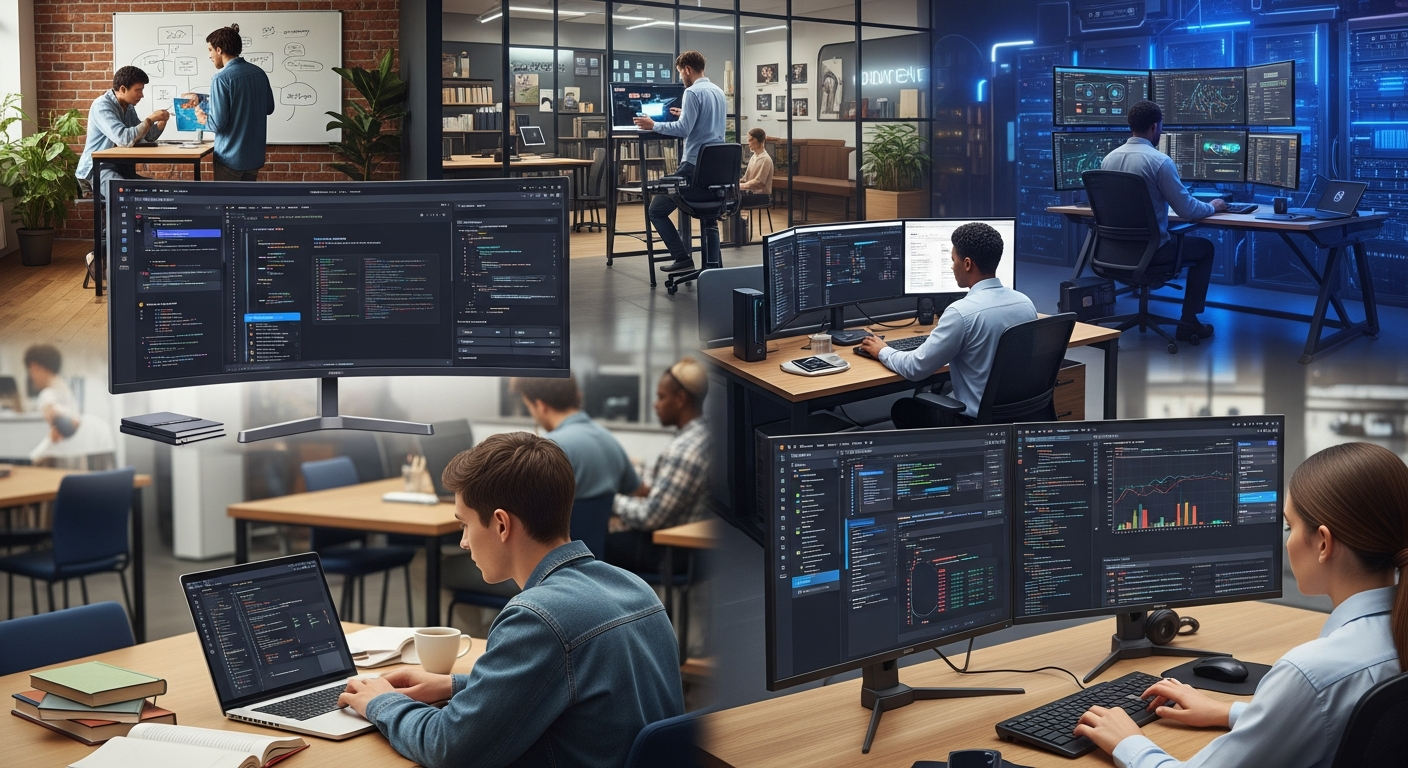 2025년 다양한 개발자 유형별로 최적의 AI 코딩 도구를 선택해 사용하는 모습을 표현한 이미지