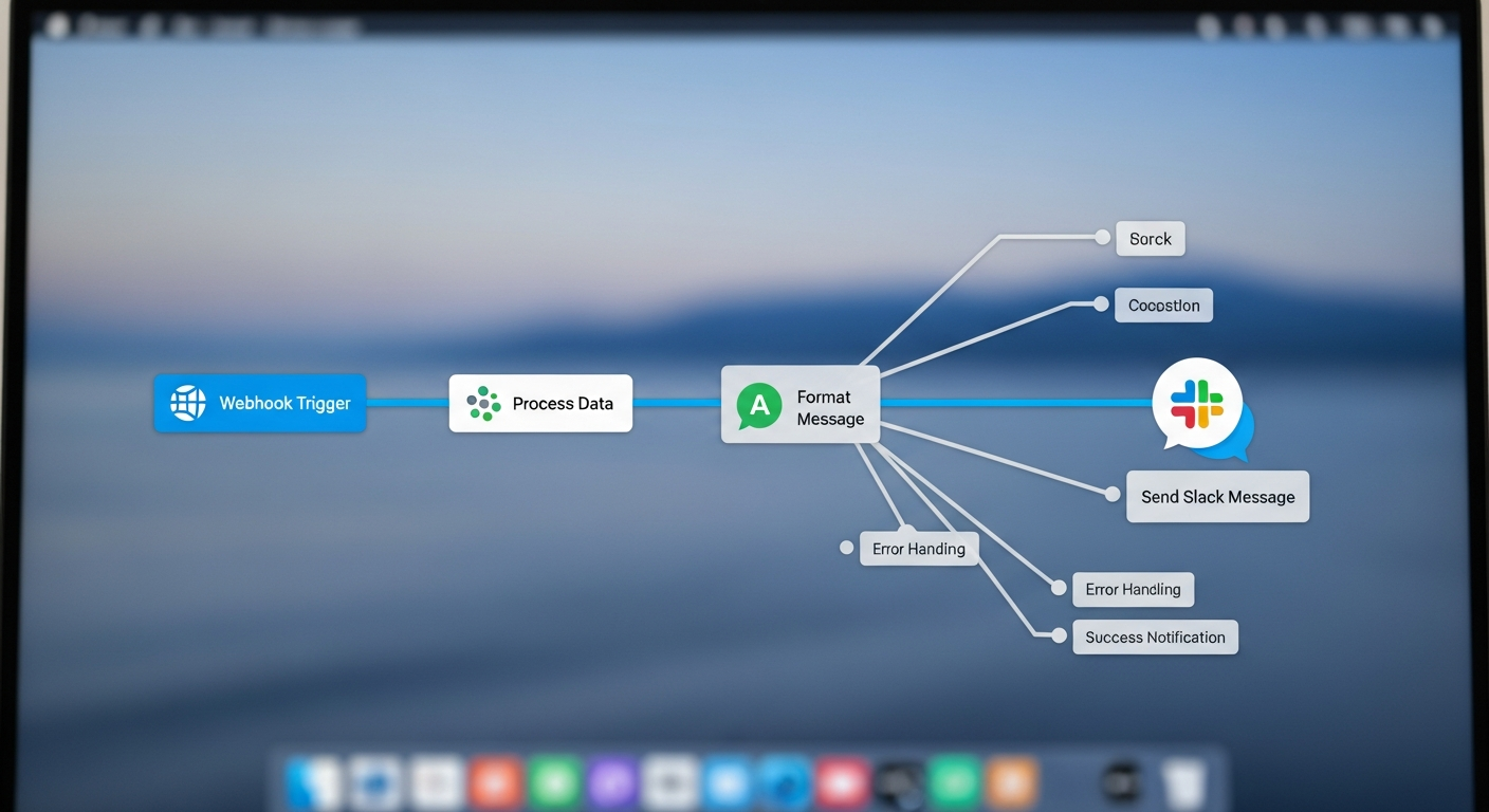 웹훅 트리거와 메시지 전송 노드가 연결된 슬랙 알림 봇 워크플로우
