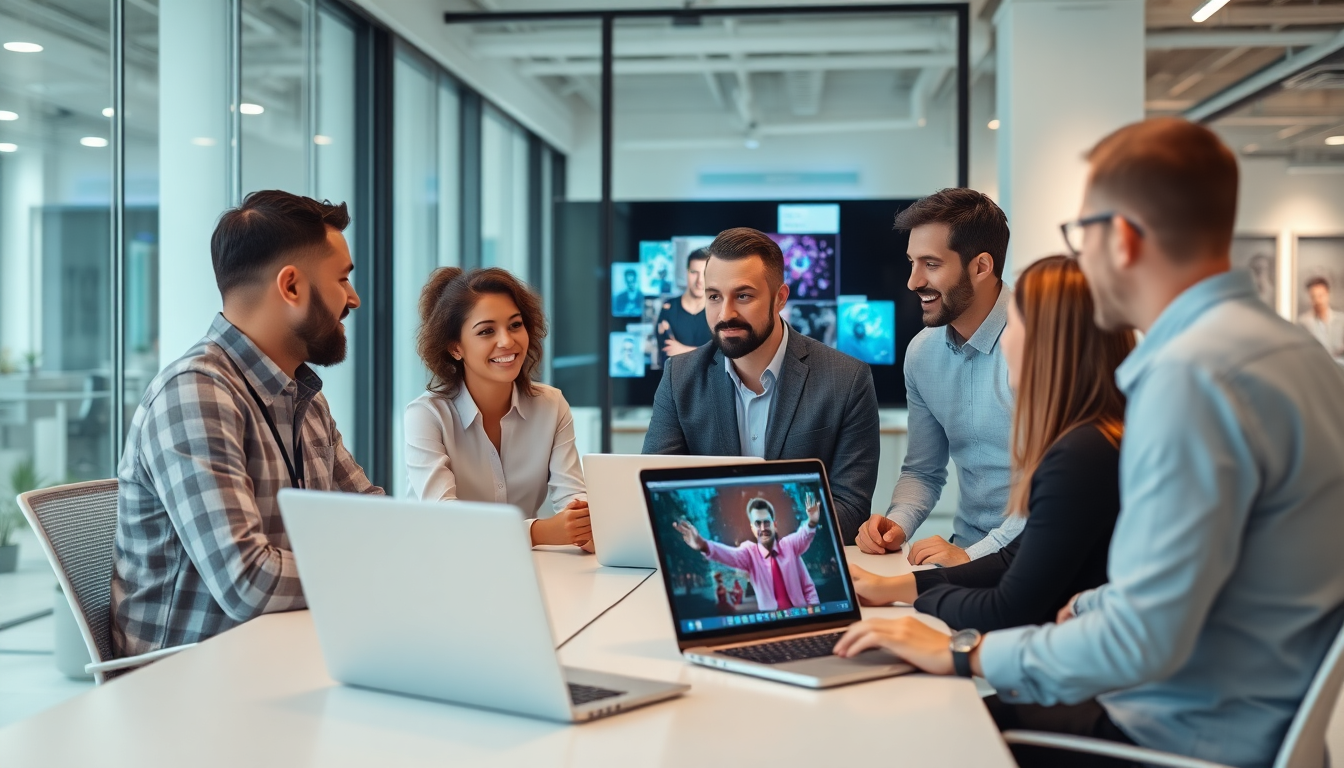 비즈니스 용도별 AI 이미지 생성기 선택을 논의하는 팀의 현대적인 사무실 장면