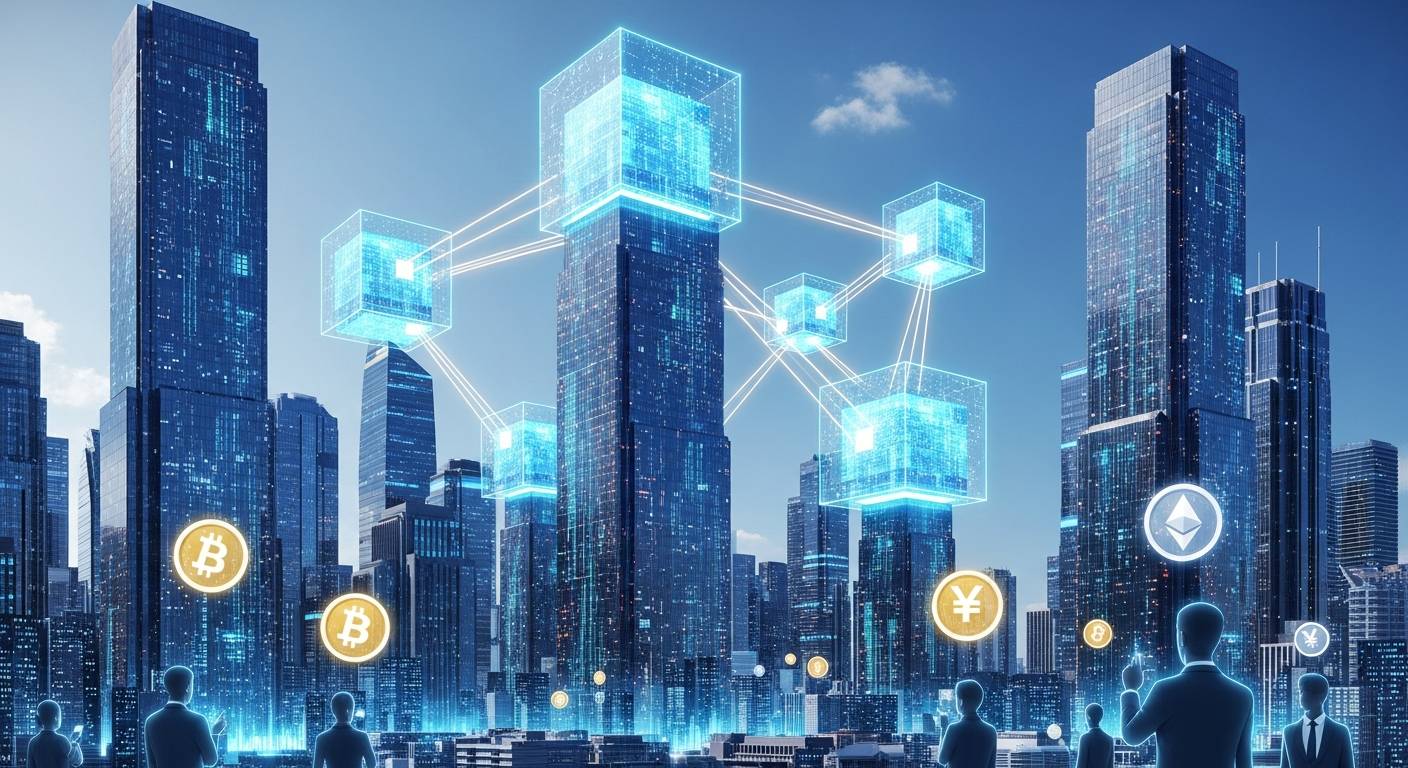 2025년 블록체인 기술과 기관 투자자 진입을 상징하는 첨단 디지털 도시 풍경