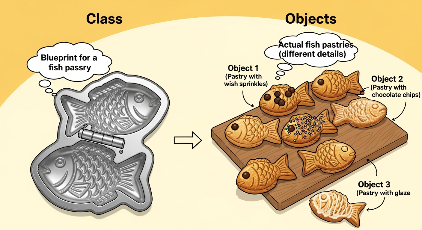 객체 지향 프로그래밍을 붕어빵 틀과 붕어빵으로 비유하는 교육용 일러스트