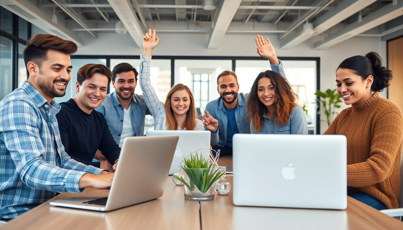 스타트업 팀이 AI 코딩 도구를 활용해 성공적으로 MVP 웹앱을 출시하고 축하하는 모습