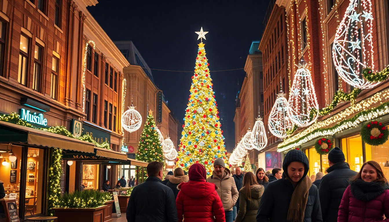 2025년 크리스마스 시즌의 활기찬 도시 거리와 따뜻한 카페 분위기