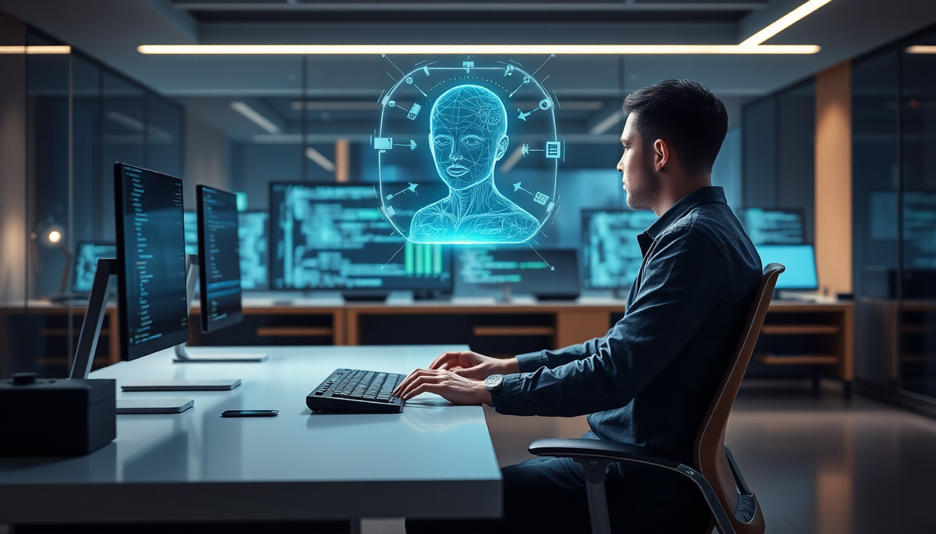 섹션 1 핵심 이미지로 바이브 코딩의 협업과 AI 에이전트의 상호작용을 시각화한 미래지향적 작업 공간