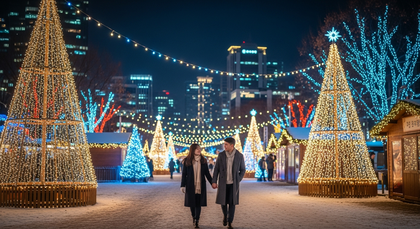 서울 크리스마스 마켓과 빛나는 도시 야경 속 연인들이 손을 잡고 걷는 모습