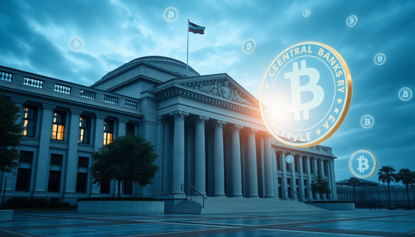 중앙은행 디지털 화폐(CBDC)를 상징하는 미래 지향적 정부 건물과 디지털 화폐 이미지