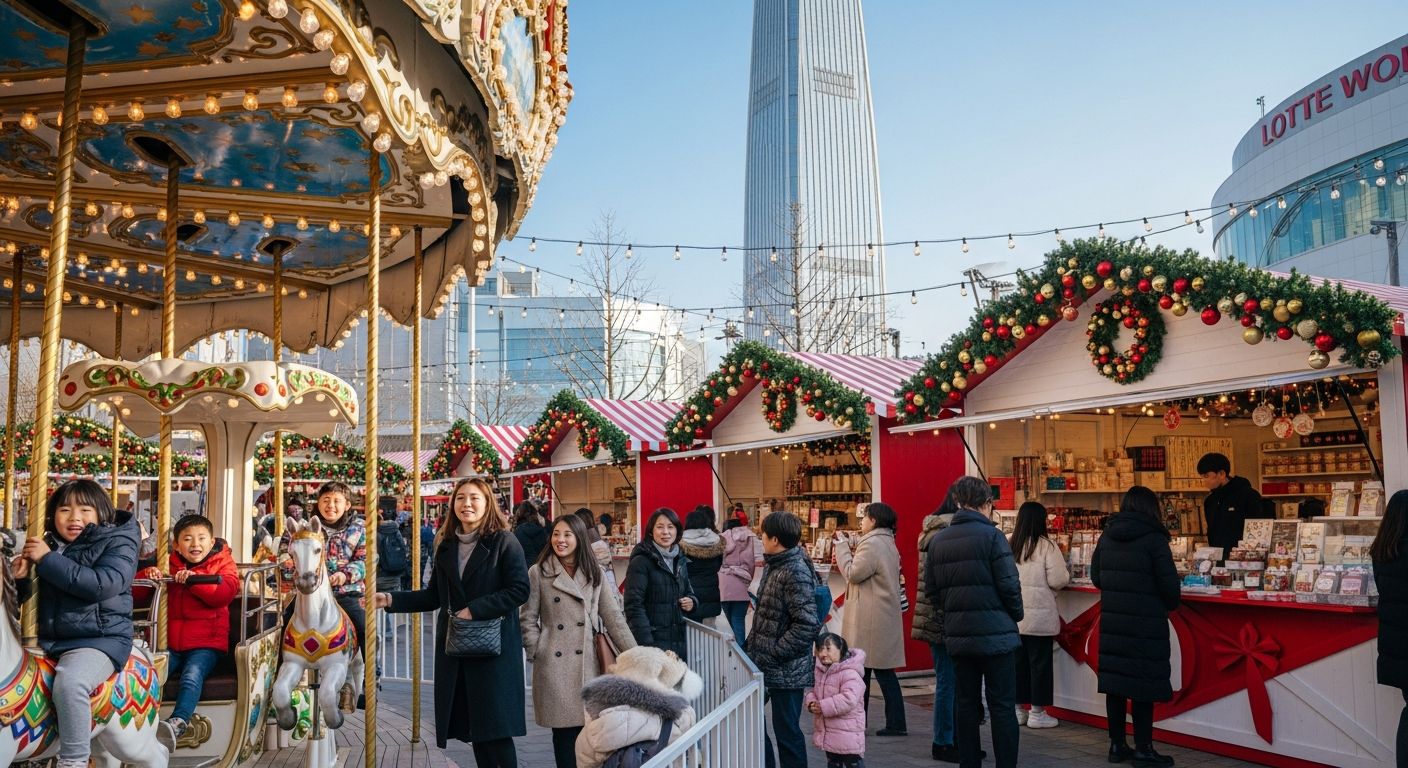 롯데월드몰 크리스마스 마켓과 회전목마에서 즐거워하는 가족들