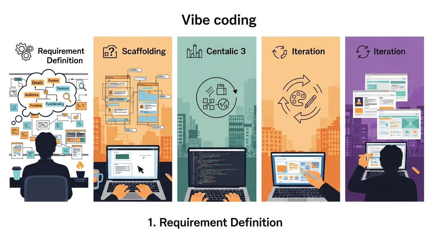 바이브 코딩 5단계 사용법을 단계별로 설명하는 디지털 일러스트