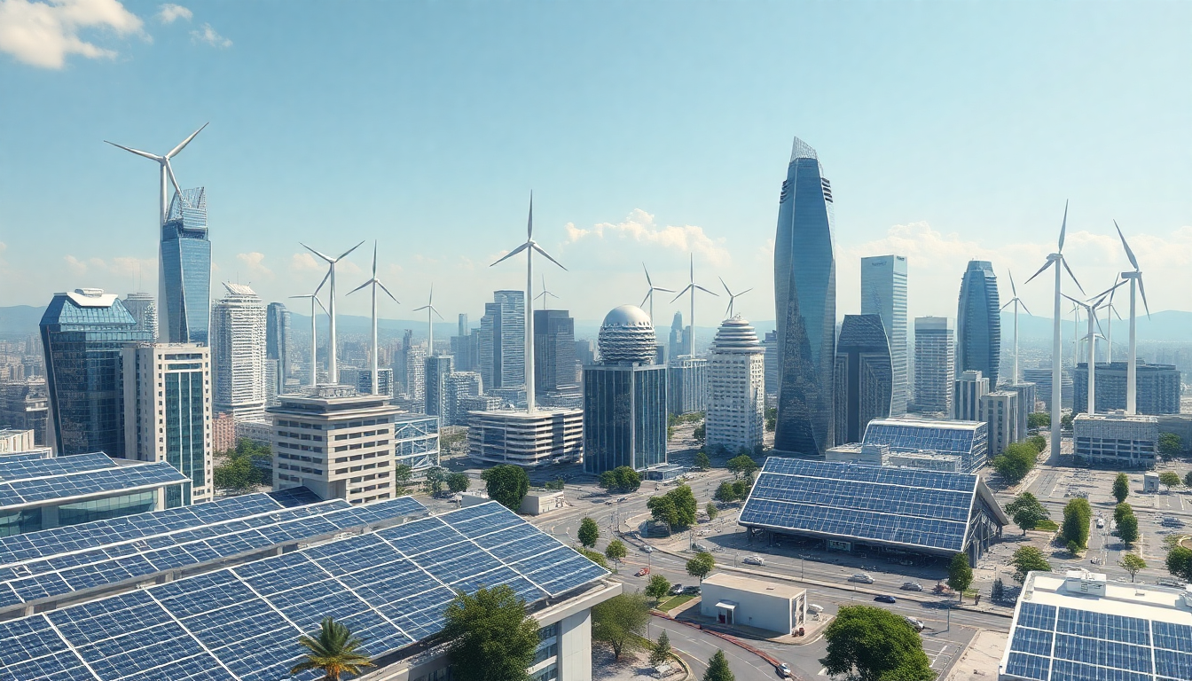 미래 도시와 친환경 기술을 보여주는 이미지