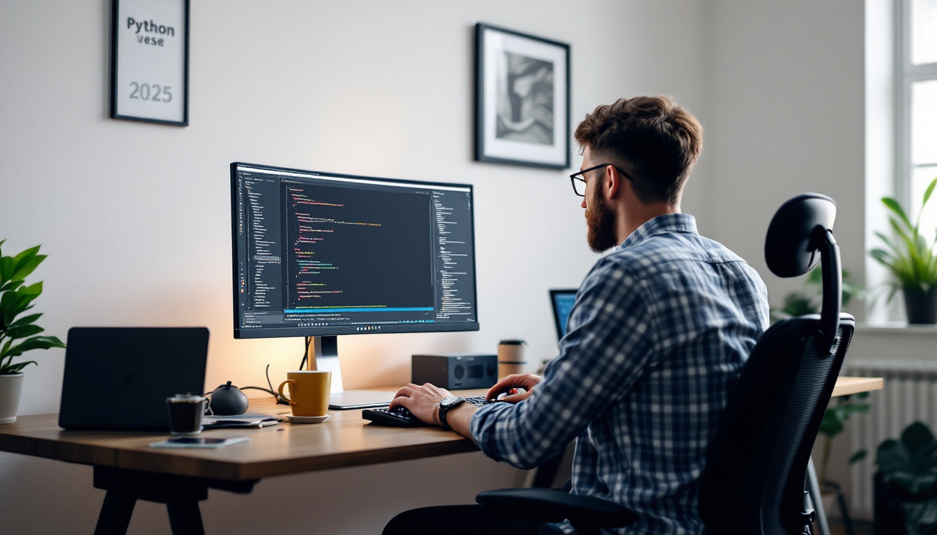 2025년 최신 파이썬 개발 환경을 보여주는 컴퓨터 작업 공간