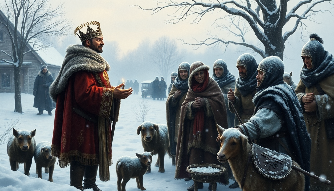 눈 내리는 겨울날 가난한 사람들을 도와주는 중세 왕의 자선 활동 모습