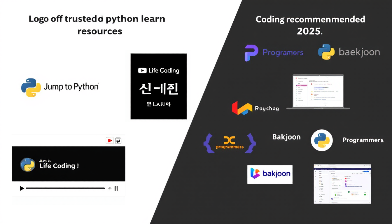 2025년 신뢰받는 파이썬 학습 자료(온라인 강의, 추천 도서, 코딩 연습 사이트)의 로고와 화면 캡쳐 모음