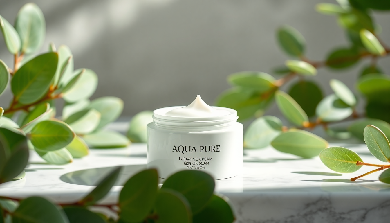 흰 대리석 위에 놓인 비건 화장품 크림과 유칼립투스 잎, 아쿠아 퓨어 한글 로고 포함 마케팅 이미지