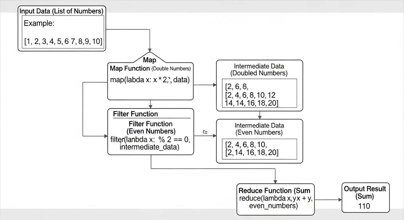 map, filter, reduce 함수 기반의 데이터 처리 파이프라인 이미지