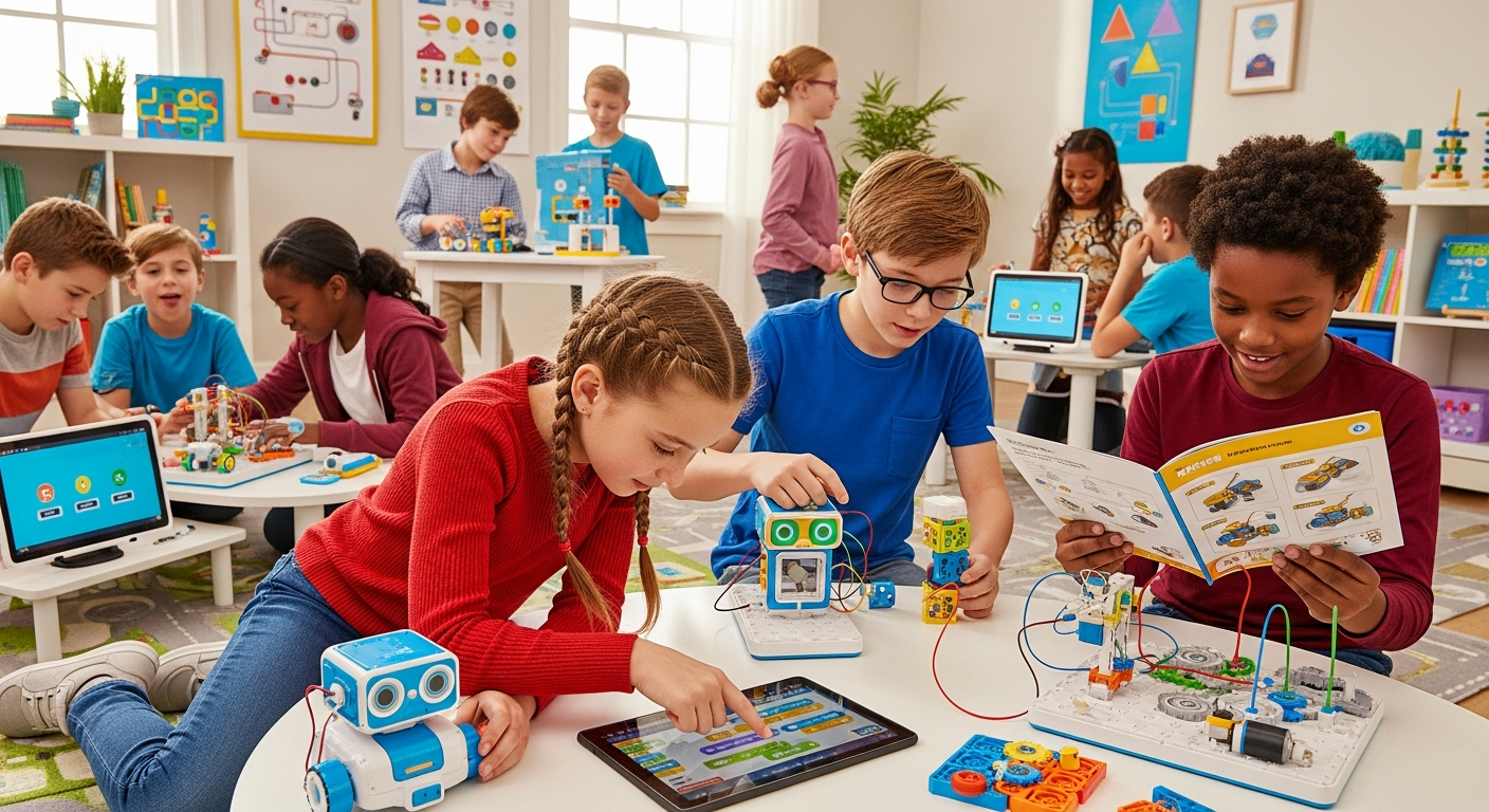 코딩 로봇과 스마트 블록을 이용해 놀이와 학습을 하는 아이들 모습