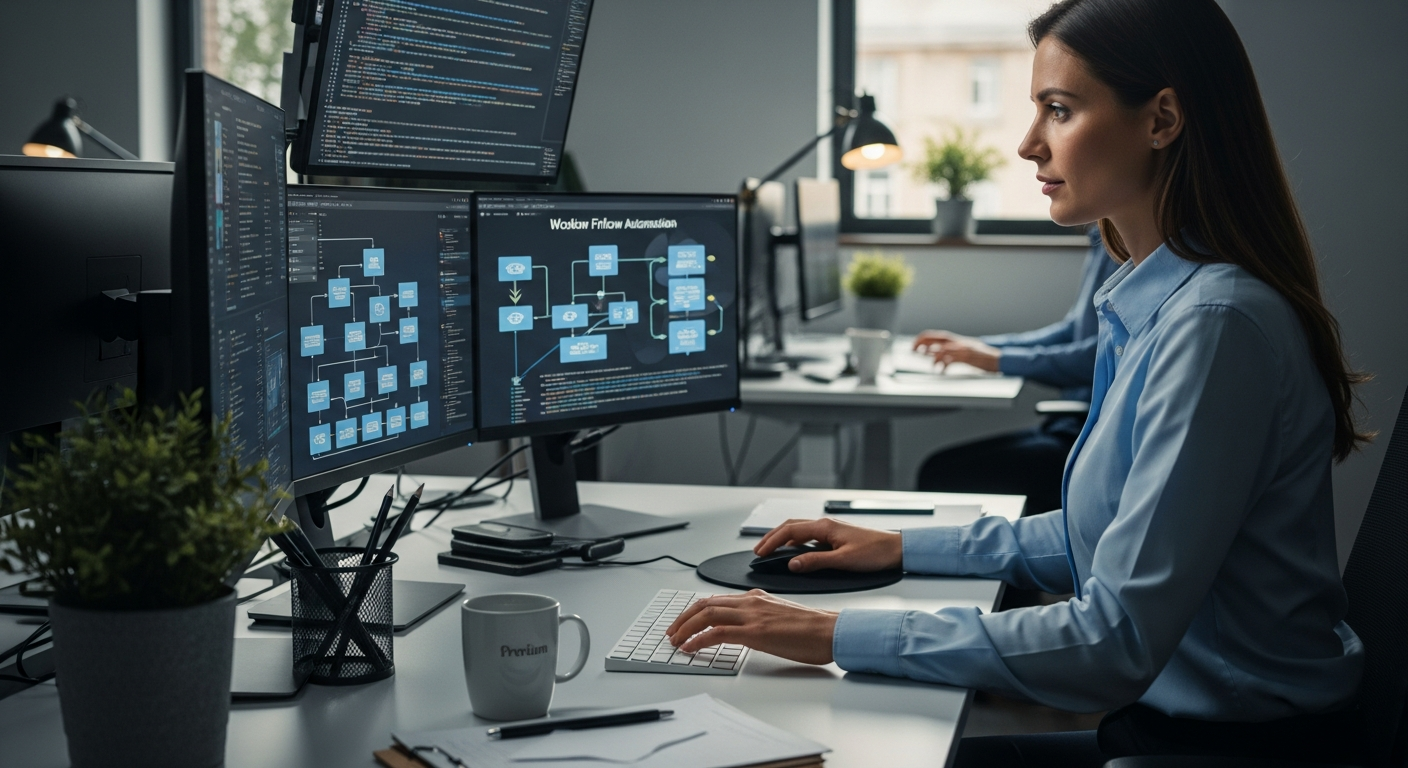 현대적 작업 공간에서 첫 워크플로우 자동화를 시작하는 전문직 인물의 집중하는 모습