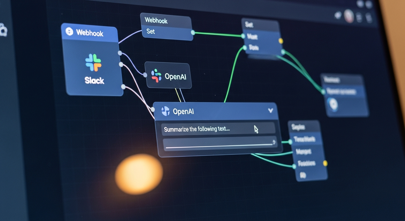 n8n 시각적 편집기에서 Slack과 OpenAI 노드를 설정하는 사용자의 화면 클로즈업