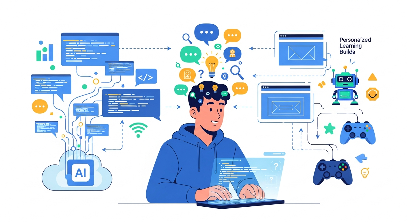 AI 생성 코드를 이해하고 나만의 프로젝트로 발전시키는 초보 코더의 모습