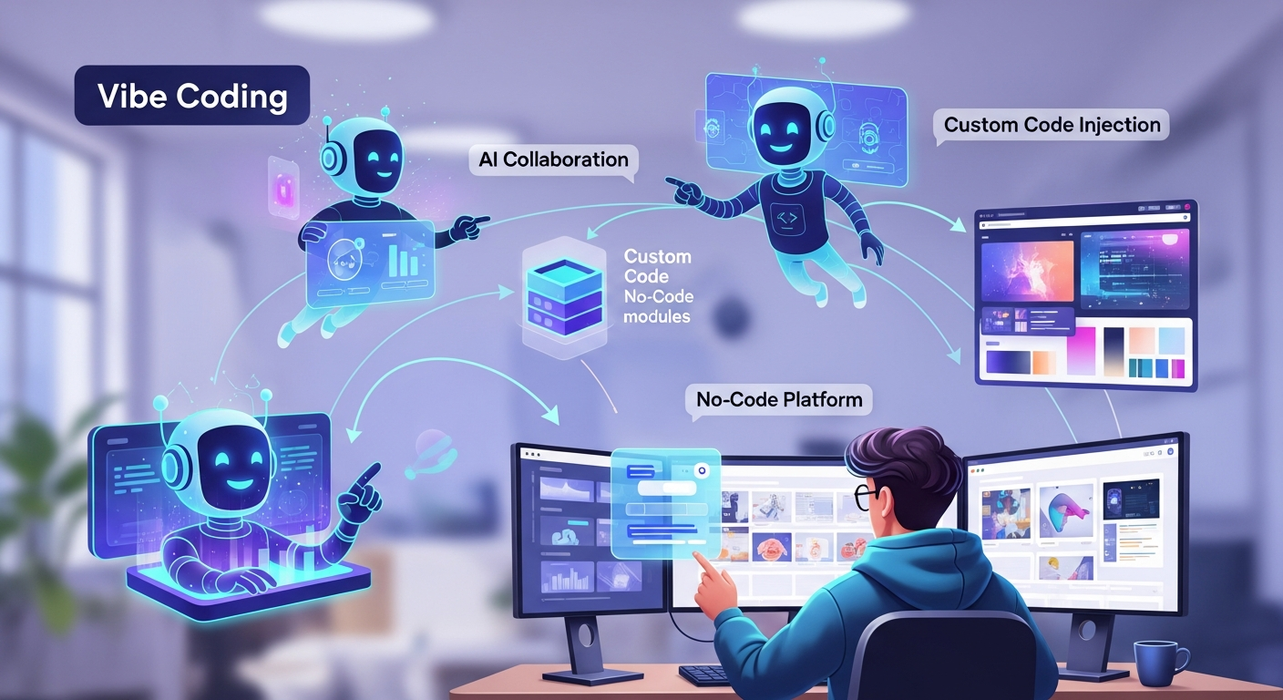바이브 코딩 컨셉으로 AI와 협업하여 노코드 웹사이트에 맞춤 코드를 추가하는 모습