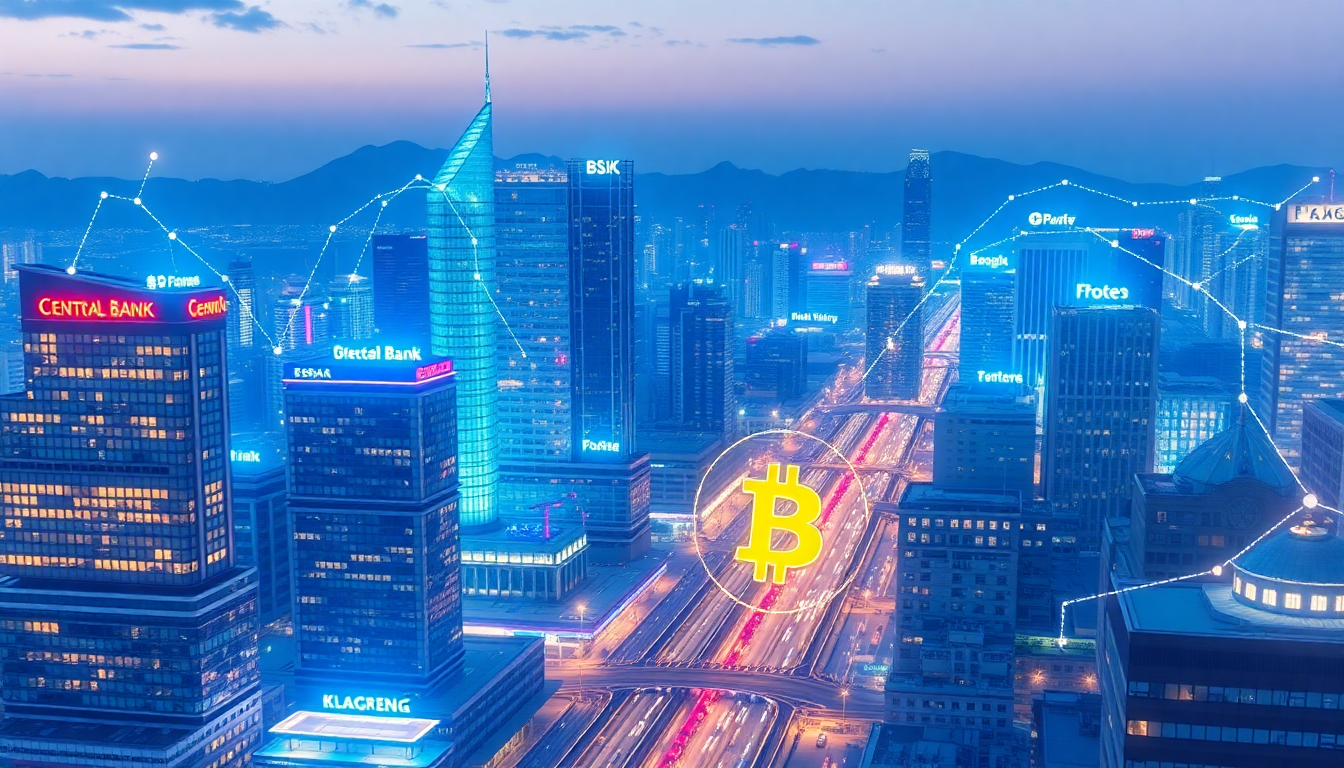 한국 CBDC 기술과 금융 시스템을 상징하는 서울의 현대적인 금융 지구의 디지털 화폐 이미지