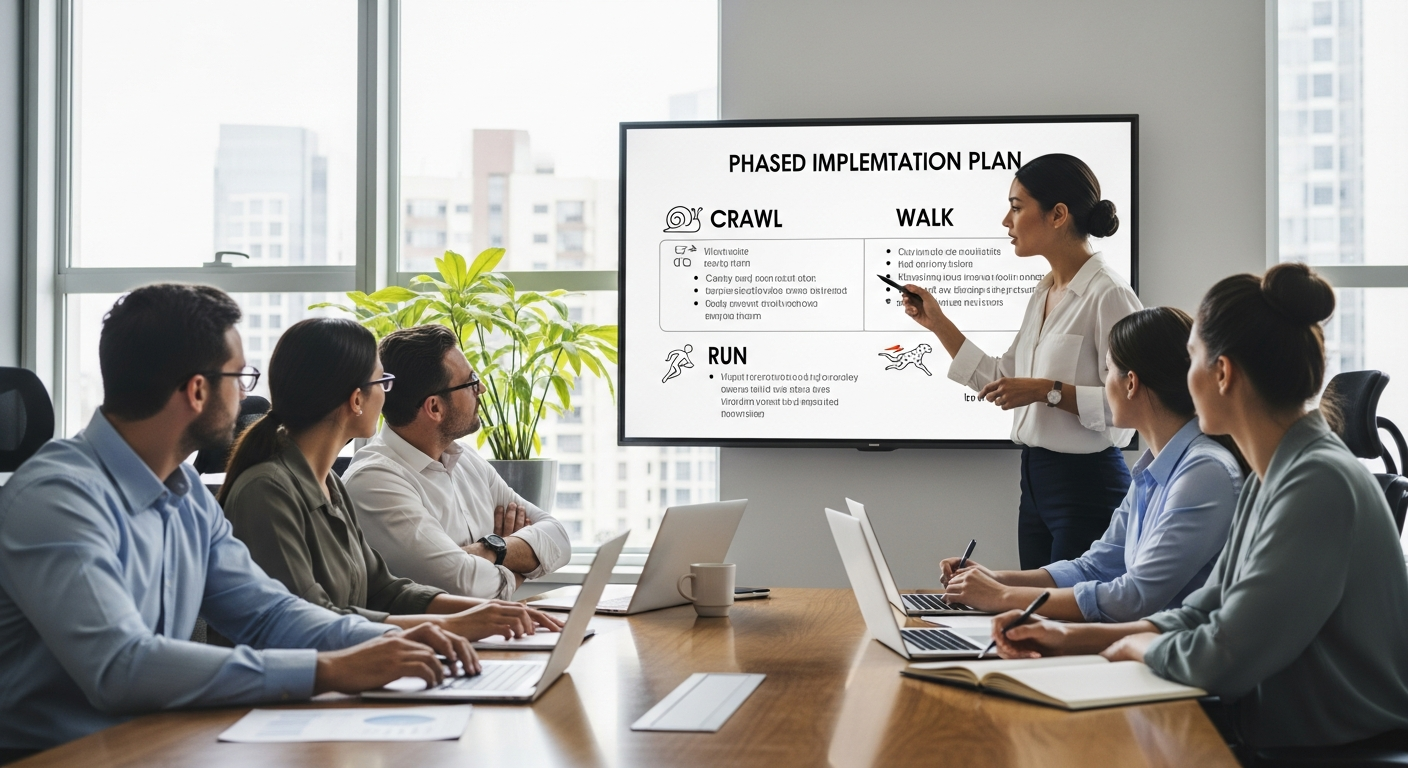 Crawl Walk Run 단계별 도입 전략을 논의하는 비즈니스 팀 미팅 장면