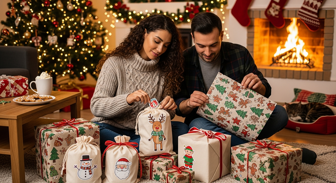친환경 천 가방과 캐릭터 스티커, 손그림 포장지를 이용해 선물을 정성껏 포장하는 부모의 모습