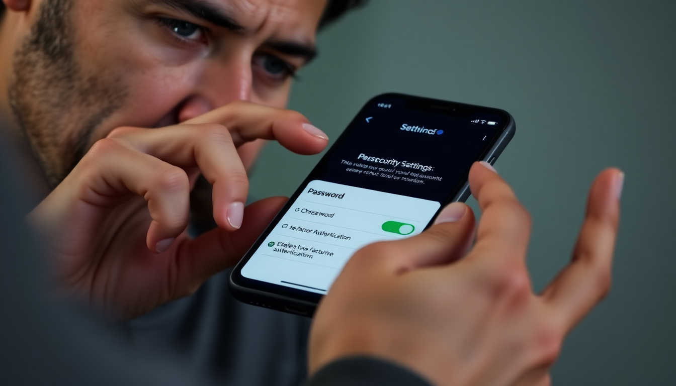 사용자가 스마트폰에서 비밀번호 변경과 2단계 인증 설정하는 모습