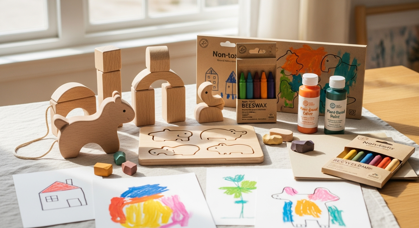 친환경 소재의 원목 장난감과 무독성 미술용품 전시 모습