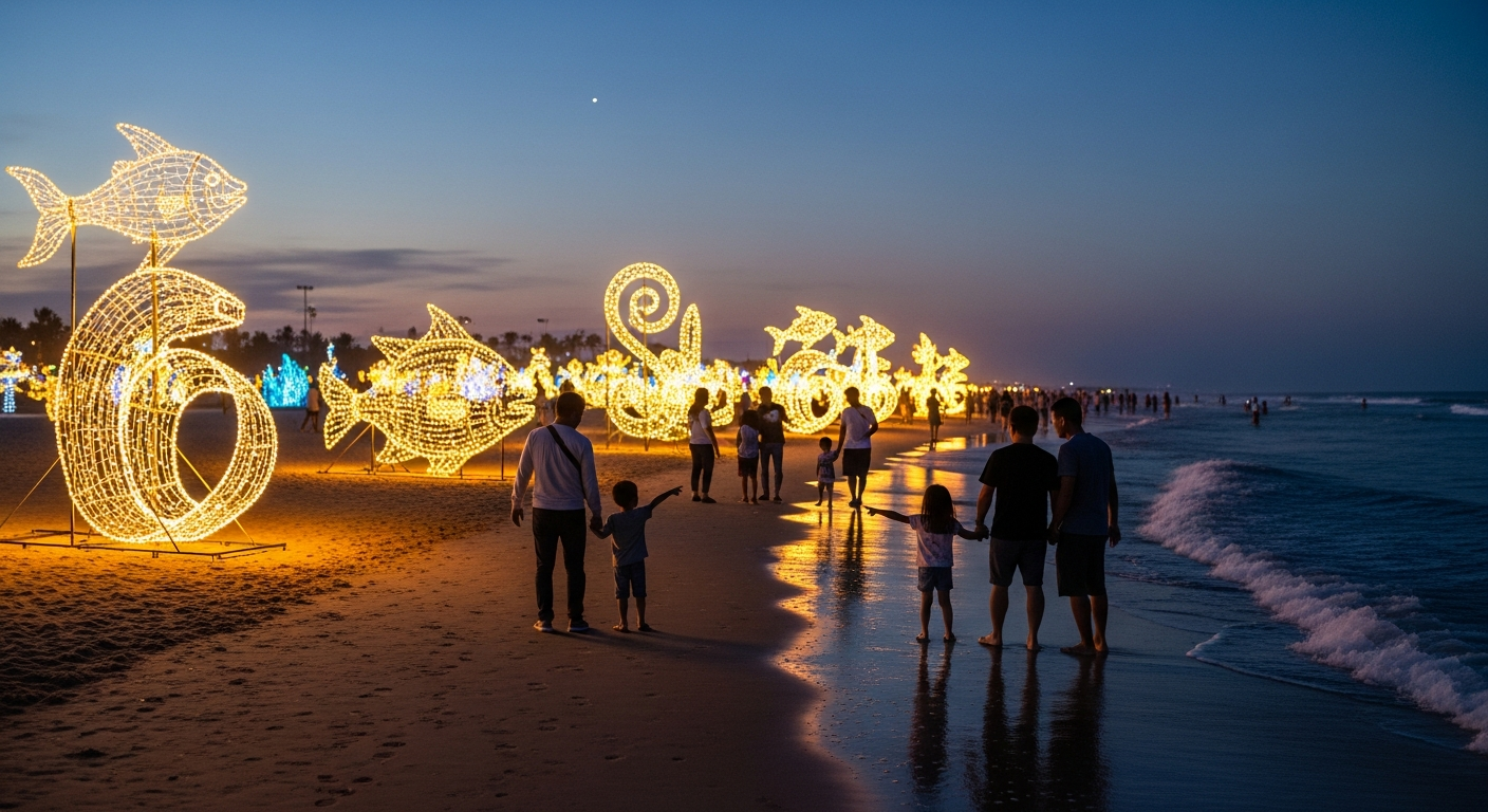 부산 해운대 빛축제의 겨울 바다와 조명이 어우러진 야간 풍경