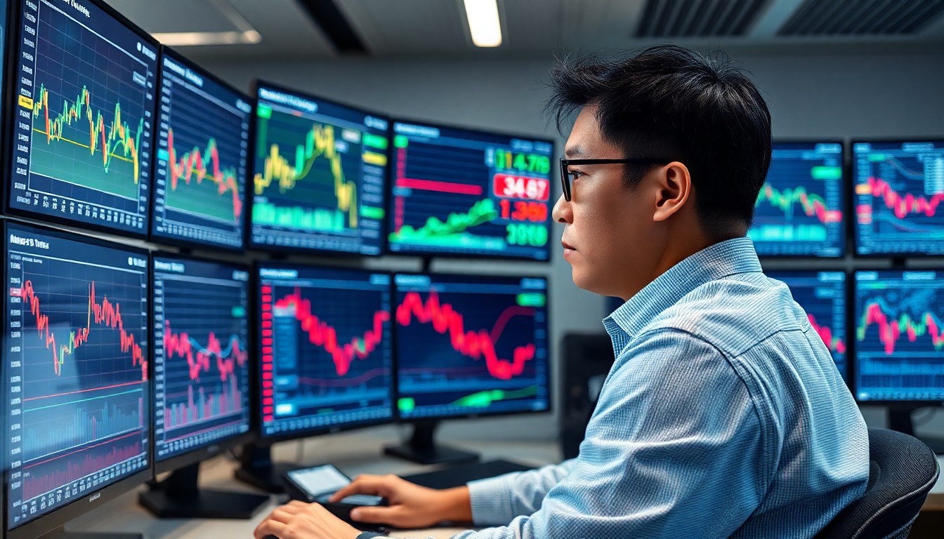 차트 분석에 집중하는 한국인 트레이더의 리얼리스틱한 트레이딩 룸 이미지
