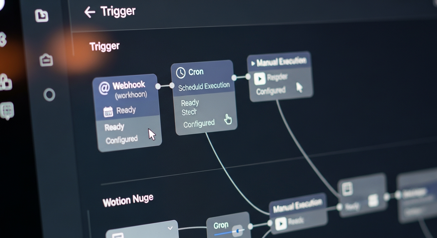 Webhook, Cron, Manual 실행 등 트리거 노드가 보이는 워크플로우 자동화 인터페이스