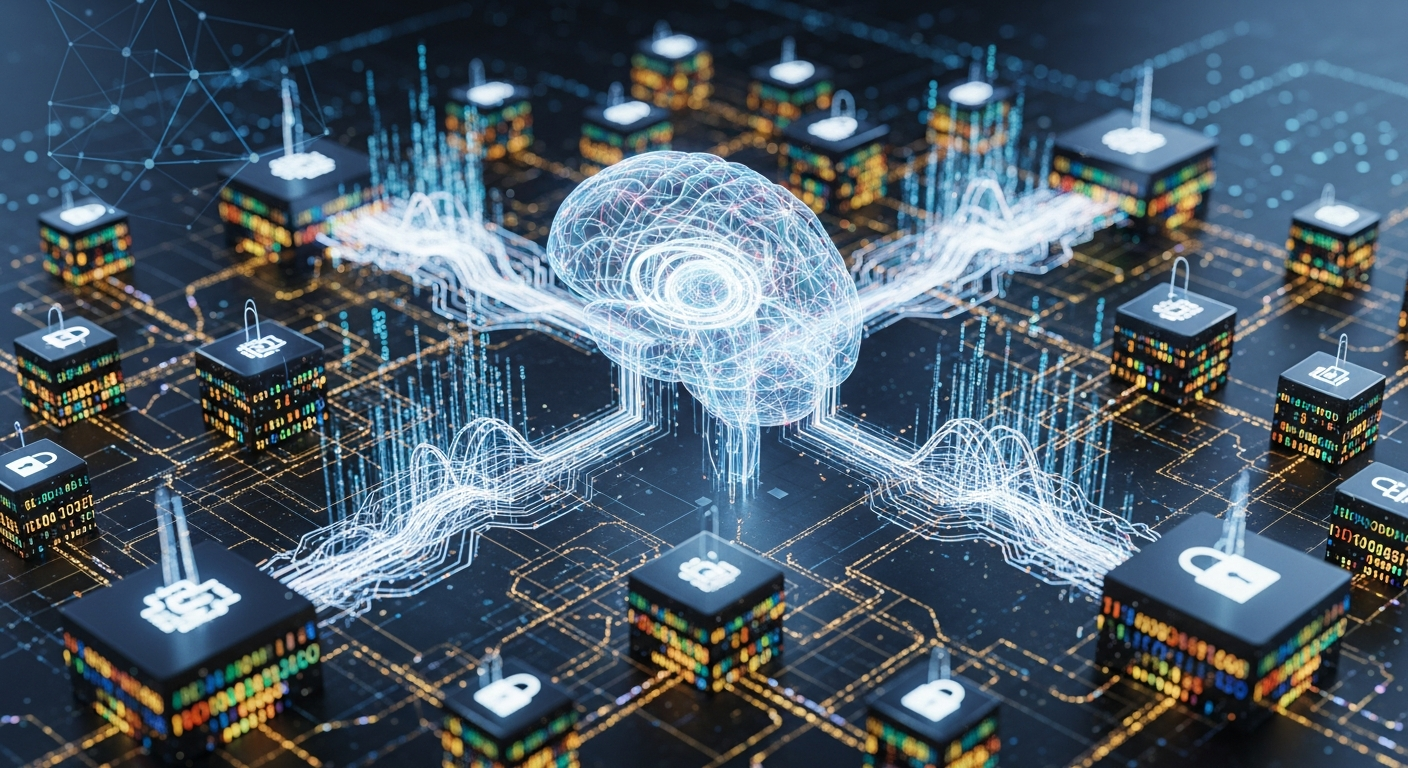 AI와 블록체인의 융합을 상징하는 지능형 자동화와 신뢰를 표현한 이미지